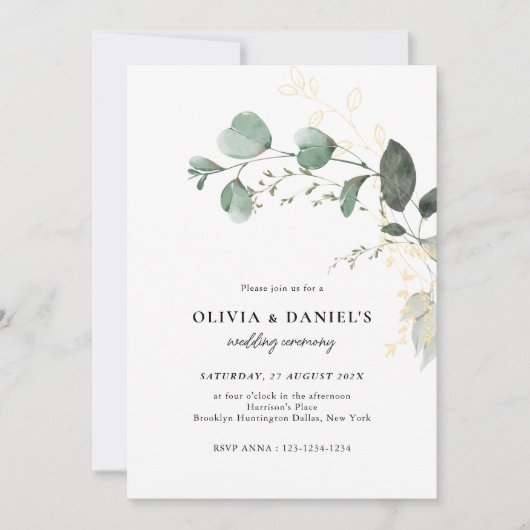 Gold & Green Eucalyptus Minimalist Wedding Kaart (Voorkant)