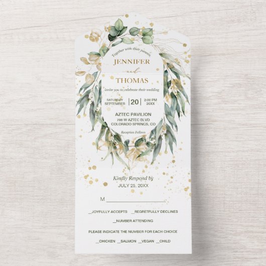 Gold Green Eucalyptus Photo Weddenschap All In One Uitnodiging (Binnen)