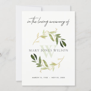 GOLD GREEN FAUNA SYMPATHY MEMORIAL SERVICE INVITE BEDANKKAART