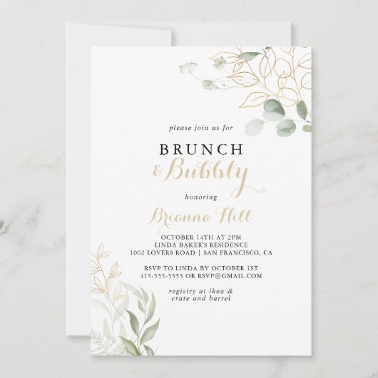 Gold Green Foliage Brunch en Bubble Vrijgezellenfe Kaart (Voorkant)