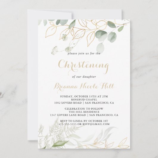 Gold Green Foliage Calligraphy Christening Kaart (Voorkant)
