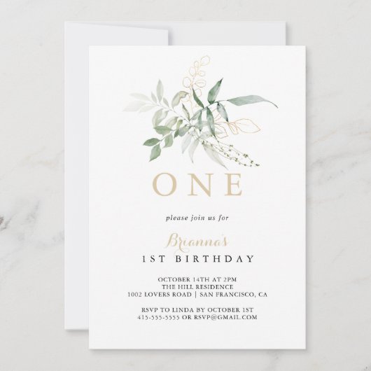 Gold Green Foliage First Birthday Party Invitation Kaart (Voorkant)