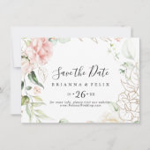 Gold Green Foliage Floral Horizontal Wedding Save The Date (Voorkant)