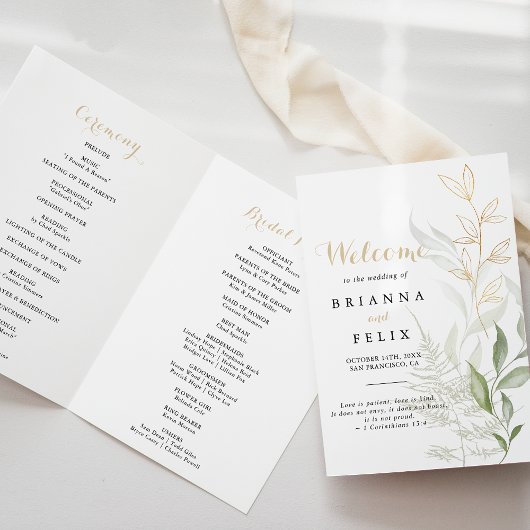 Gold Green Foliage Folded Wedding Program Programma