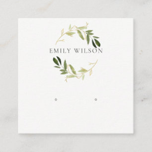 GOLD GREEN FOLIAGE WATERVERF EARRING DISPLAY LOGO VIERKANTE VISITEKAARTJE