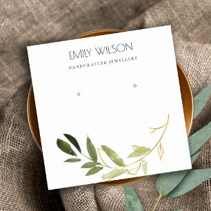 GOLD GREEN FOLIAGE WATERVERF EARRING DISPLAY LOGO VIERKANTE VISITEKAARTJE