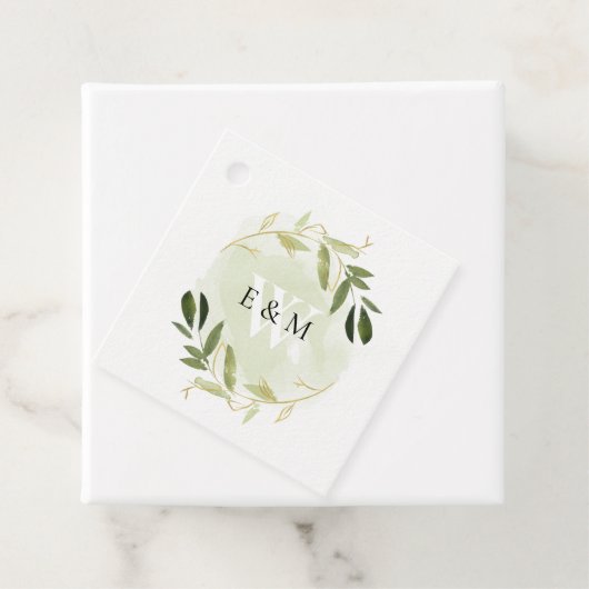 GOLD GREEN FOLIAGE WATERVERF WREATH WEDDING BEDANKJES LABELS (In situ)