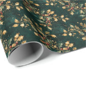 Gold & Green Holly Christmas Pattern Cadeaupapier (Rol Hoek)