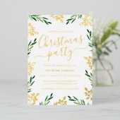 Gold Green Leaf Corporate Christmas Party Folie Uitnodiging (Staand Voorkant)