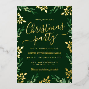 Gold Green Leaf Kerstfeest Folie Uitnodiging