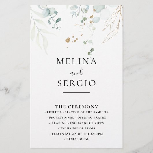 Gold Green Leaves Calligraphy Wedding Program (Voorkant)