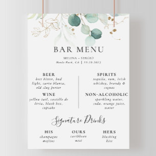 Gold Green Leaves Wedding Bar Menu Poster