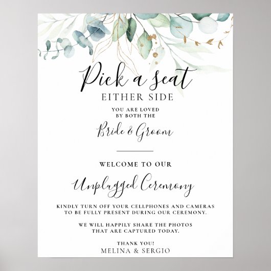 Gold Green Leaves Wedding Unplugged Ceremonie Poster (Voorkant)