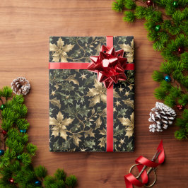 Gold & Green Leaves Wrapping Paper on Dark Back Cadeaupapier
