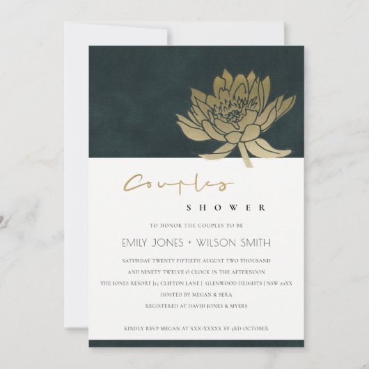 GOLD GREEN LOTUS FLORAL COUPLES DOUCHE INVITATION (Devant)