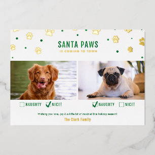 Gold & Green Naughty of Nice Two Dog Photo Folie Feestdagenkaart