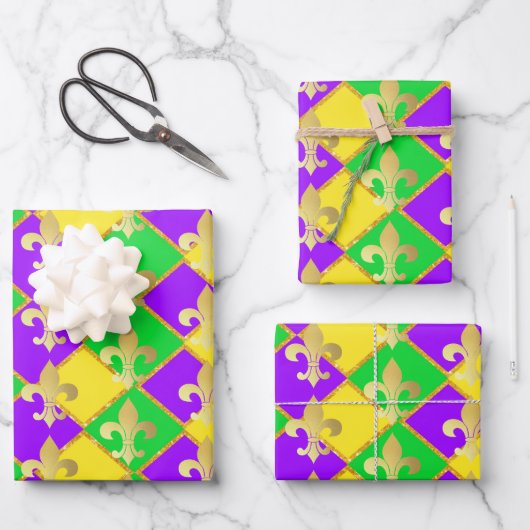 Gold Green Paars Mardi Gras Harlequin Pattern Inpakpapier Vel (Voorkant)