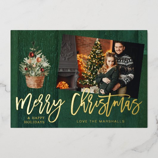 Gold & Green Rustic Merry One-foto Folie Uitnodiging (Voorkant)