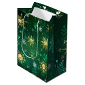 Gold Green Snowflakes vanaf Kerstmis Medium Cadeauzakje (Voorkant Gekanteld)