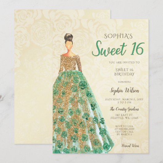 Gold Green Sparkle Dress Sweet 16 jaar Kaart (Voorkant / Achterkant)