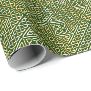 Gold Green Square Shapes Celtic Knotwork Pattern Cadeaupapier