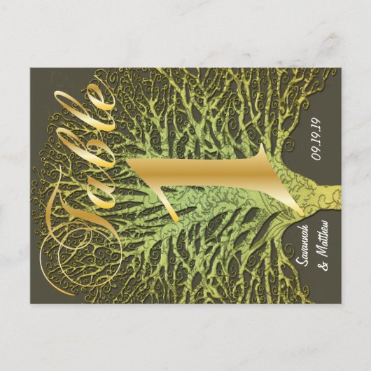 Gold Green Swirly Tree Table Number 1 Briefkaart (Voorkant)