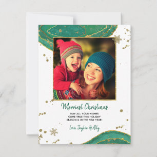 Gold Green Waterverf Geode Agate Foto met Kerstmis Feestdagenkaart