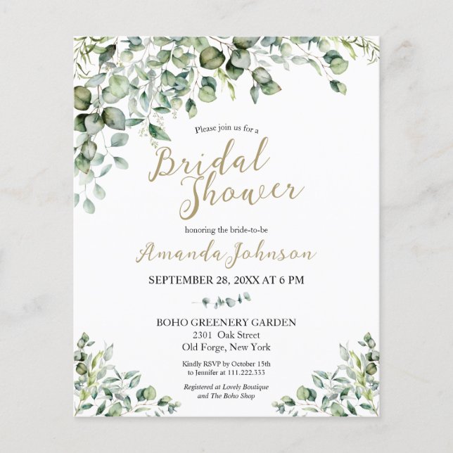 Gold Greenery Budget Bridal Shower-uitnodiging (Voorkant)