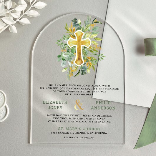 Gold Greenery Catholic Wedding Acryl Uitnodigingen