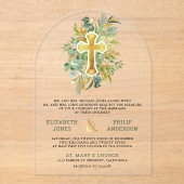 Gold Greenery Catholic Wedding Acryl Uitnodigingen (Voorkant)