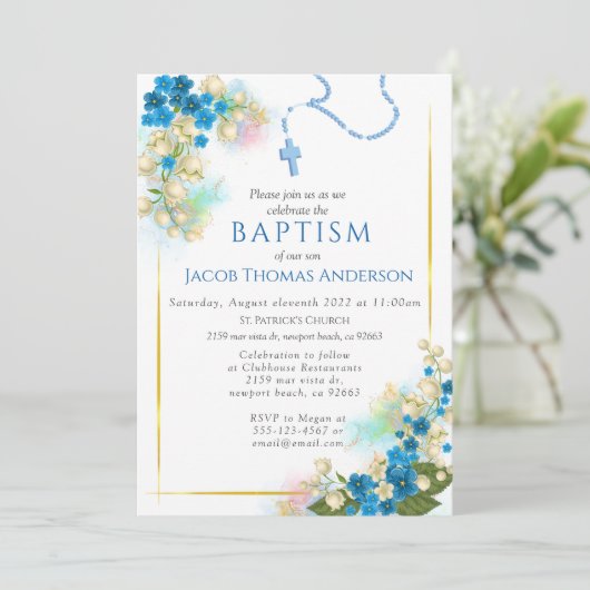 Gold Greenery Eucalyptus Boy Baptism Invitation (Debout devant)