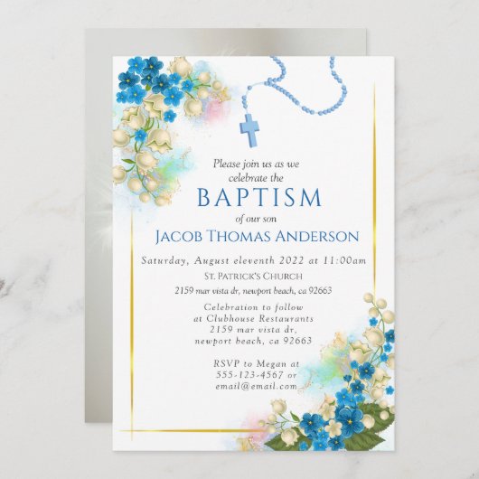 Gold Greenery Eucalyptus Boy Baptism Invitation (Devant / Derrière)