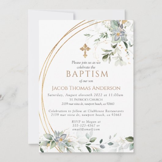 Gold Greenery Eucalyptus Boy Baptism Invitation (Devant)