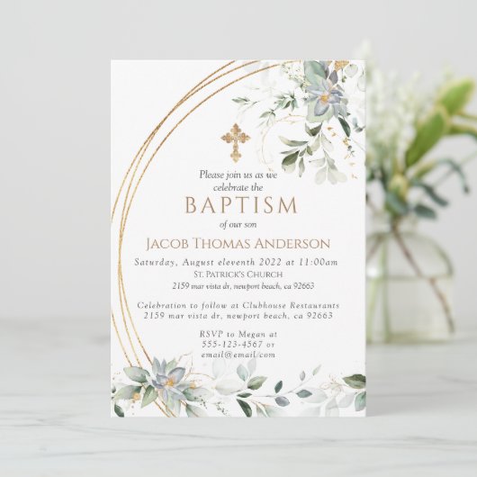 Gold Greenery Eucalyptus Boy Baptism Invitation (Debout devant)