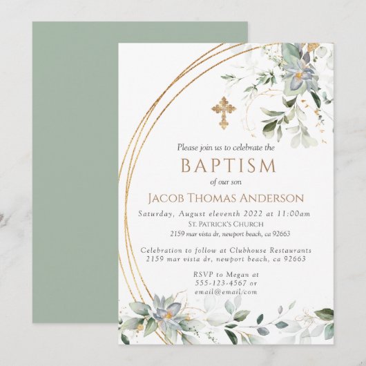 Gold Greenery Eucalyptus Boy Baptism Invitation (Devant / Derrière)