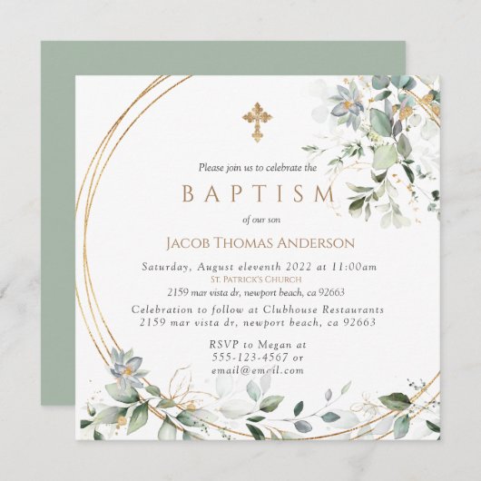 Gold Greenery Eucalyptus Boy Baptism Invitation (Devant / Derrière)