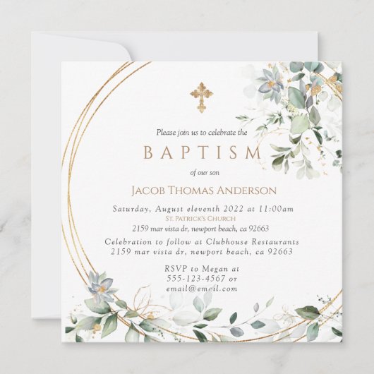  Gold Greenery Eucalyptus Boy Baptism Invitation (Devant)
