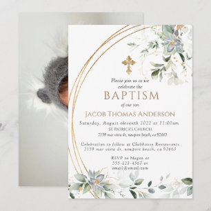 Gold Greenery Eucalyptus Boy Baptisme Invitation Kaart