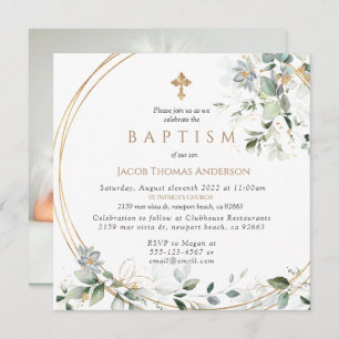 Gold Greenery Eucalyptus Boy Baptisme Invitation Kaart
