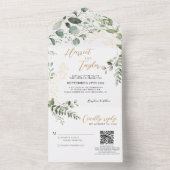Gold Greenery Eucalyptus Monogram QR Code Huwelijk All In One Uitnodiging (Binnen)