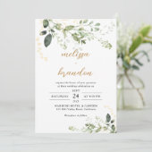Gold Greenery Eucalyptus Monogram Script Trouwen Kaart (Staand voorkant)