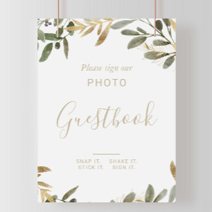 Gold Greenery Fall Weddenschap Foto Guestbook Poster
