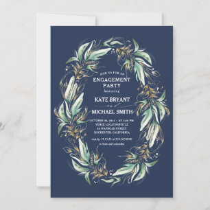 Gold Greenery Foliage Navy Blue Engagement Party Kaart