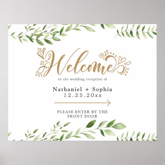 Gold Greenery Left Directional Wedding Welkom Poster (Voorkant)