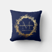 Gold Greenery Monogram Navy Blue Wedding Keepslag Kussen (Voorkant)