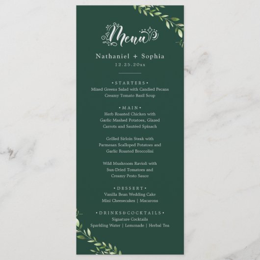 Gold Greenery Waterverf Trouwdiner Menu (Voorkant)