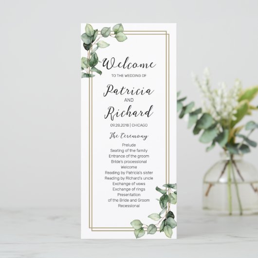 Gold Greenery Wedding Ceremony Program 4x9 Kaart (Staand voorkant)