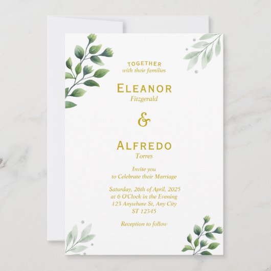 Gold Greenery Wedding Uitnodiging (Voorkant)