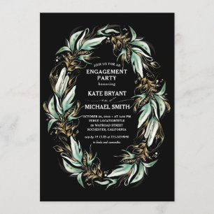 Gold Greenery Wreath Black Modern Engagement Party Kaart