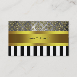 Gold Grey Damask, Black White Stripe Gold Ribbon Visitekaartje